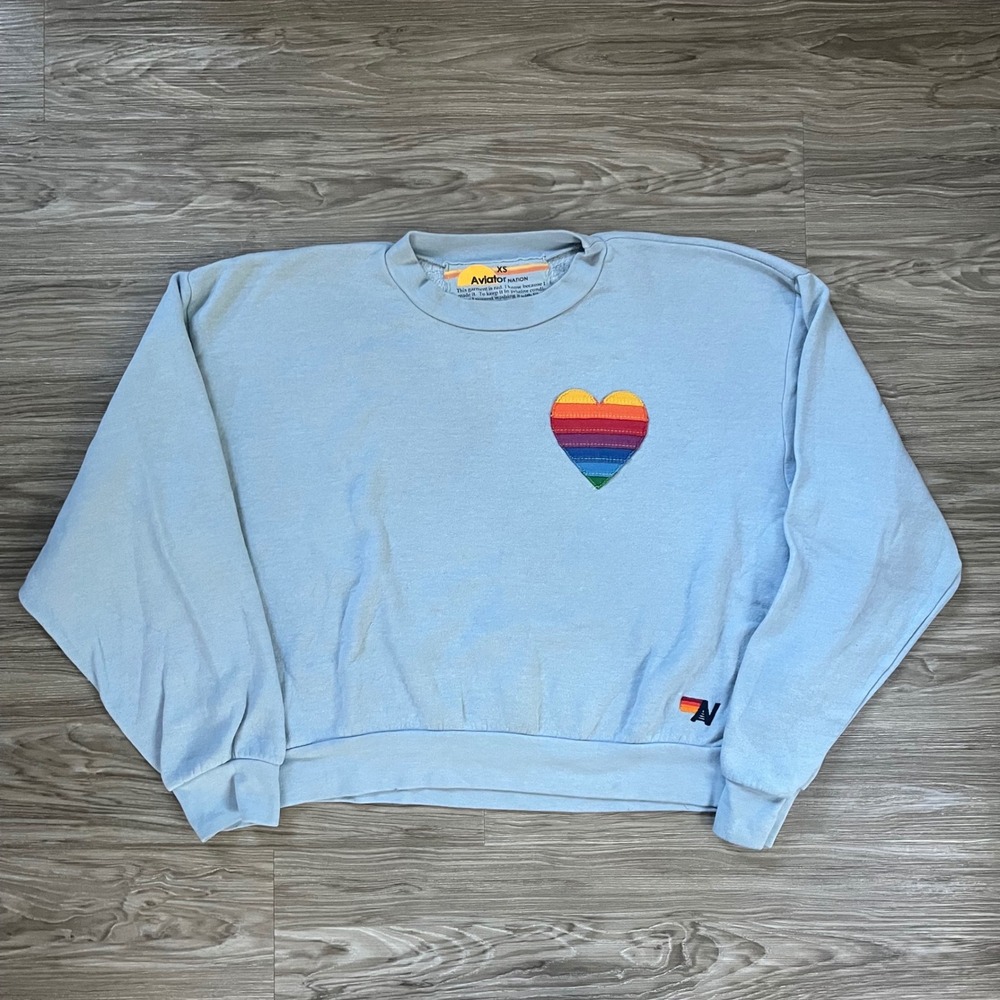 Aviator Nation Light Blue Rainbow Heart Sweatshirt XS Made in USA Pullover